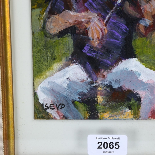 2065 - 20th century oil on board, violin player, signed with monogram SEVD, 20cm x 13cm, framed