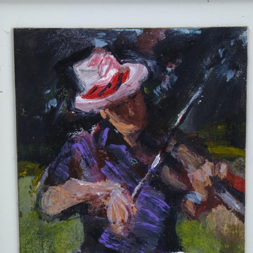 2065 - 20th century oil on board, violin player, signed with monogram SEVD, 20cm x 13cm, framed