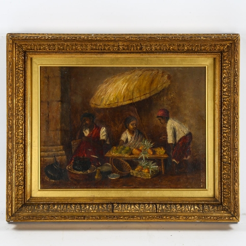 2072 - 19th/20th century oil on canvas, fruit sellers, unsigned, 28cm x 37cm, framed