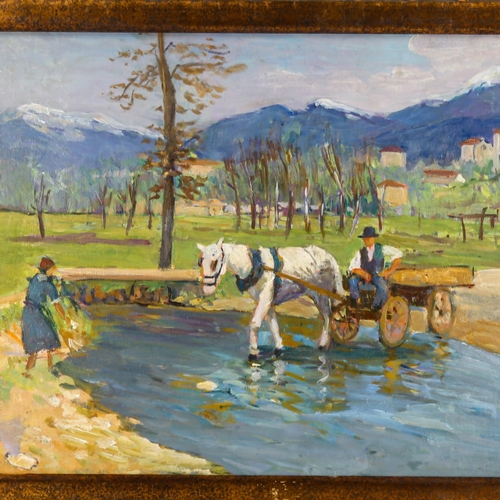 2073 - Violet Dunne-Gardner (1862 - 1946), oil on board, horse and cart in landscape, 43cm x 60cm, framed