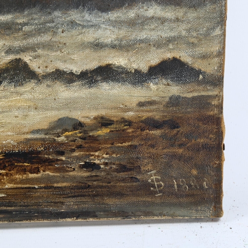 2076 - 19th century oil on canvas, rough seas on the coast, signed, with monogram, dated 1880, 33cm x 76cm,... 