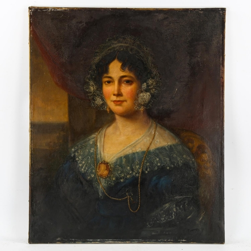 2080 - 19th century oil on canvas, portrait of a woman, unsigned, 76cm x 63cm, unframed