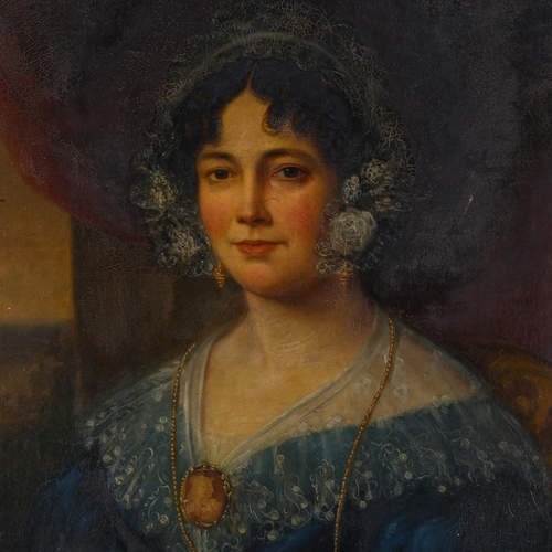 2080 - 19th century oil on canvas, portrait of a woman, unsigned, 76cm x 63cm, unframed