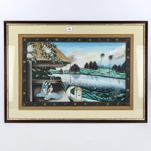 2085 - Indian School, watercolour/gouache on paper, woman and child at the lakeside, image 45cm x 70cm, fra... 