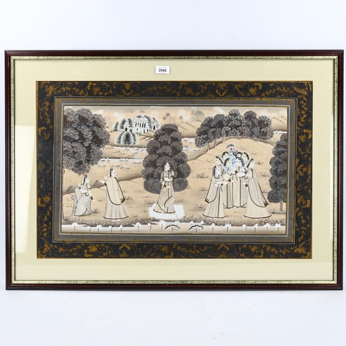 2086 - Indian School, watercolour/gouache, women in gardens, image 50cm x 77cm, framed