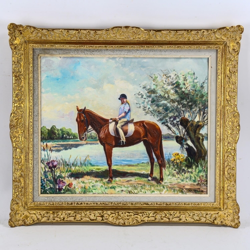 2090 - Charles Moussel, oil on canvas, horse and rider, signed, 38cm x 46cm, framed