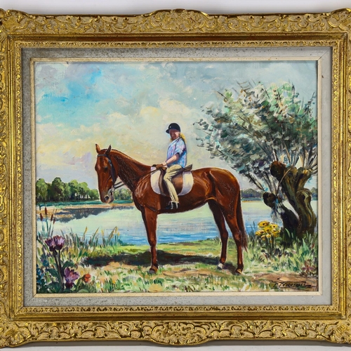 2090 - Charles Moussel, oil on canvas, horse and rider, signed, 38cm x 46cm, framed