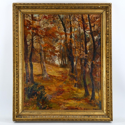 2093 - Andre Preugent (1882 - 1965), oil on board, wooded landscape, signed, 74cm x 59cm, framed