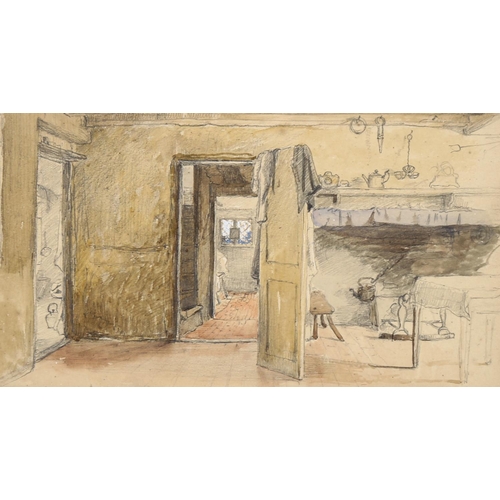 2128 - George Smith (1829-1901), pencil and watercolour drawing, Cottage Interior, 13cm x 23cm, mounted, fr... 