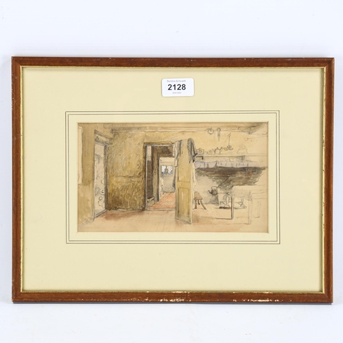 2128 - George Smith (1829-1901), pencil and watercolour drawing, Cottage Interior, 13cm x 23cm, mounted, fr... 