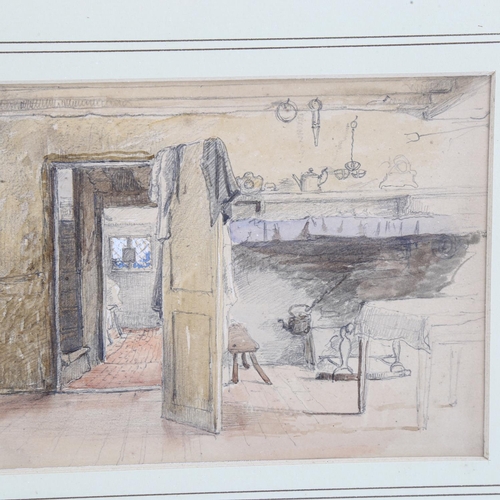 2128 - George Smith (1829-1901), pencil and watercolour drawing, Cottage Interior, 13cm x 23cm, mounted, fr... 