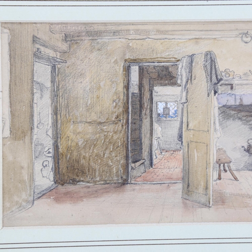 2128 - George Smith (1829-1901), pencil and watercolour drawing, Cottage Interior, 13cm x 23cm, mounted, fr... 