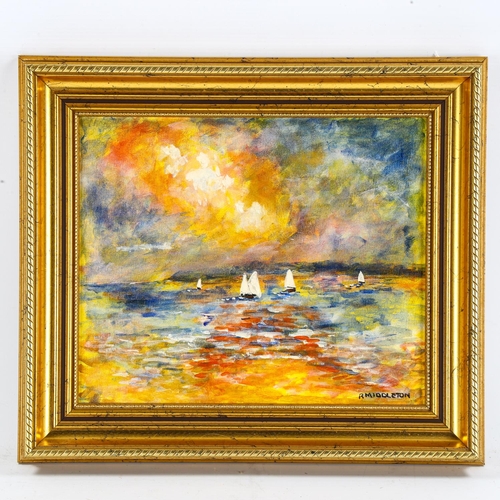 2134 - Ray Middleton, contemporary oil on board, boating scene, 24cm x 30cm, framed