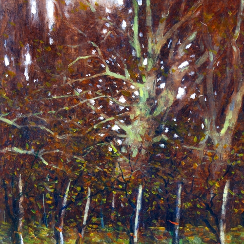 2141 - Paul Gaisford, oil on board, woodland scene, 9.5