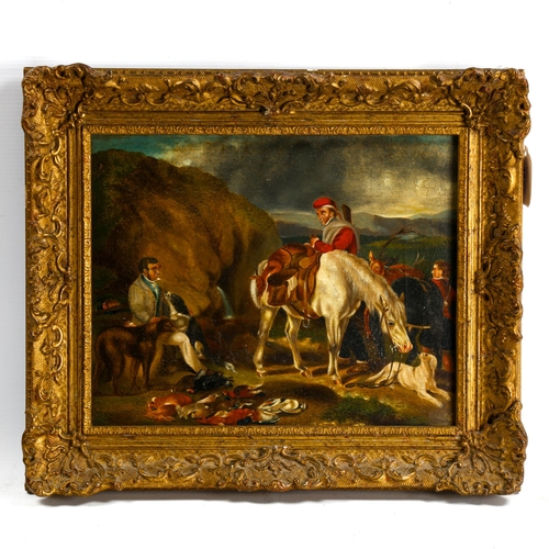 2142 - 19th Century oil on canvas hunting scene in gilt frame, unsigned, 9