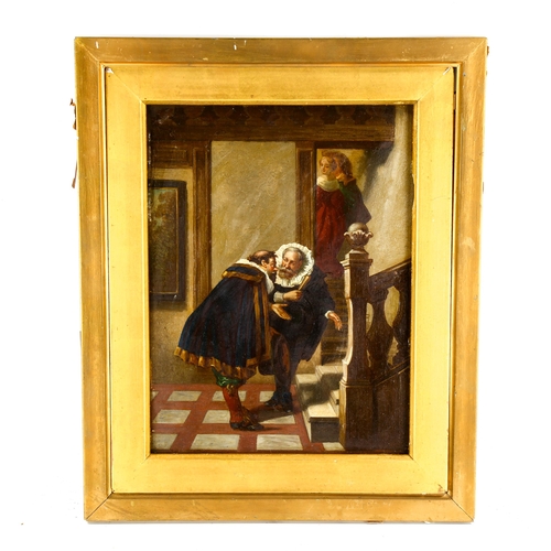 2143 - 19th century oil on wood panel, genre interior scene, unsigned, 12.5