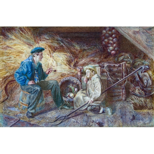 2145 - R B Wallace, 19th century watercolour, sailor and shepherd boy in a barn interior, signed, 9