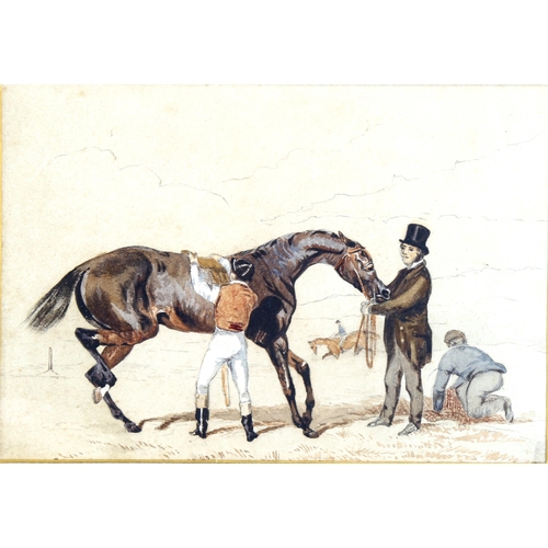 2146 - A pair of 19th century watercolours, horses and riders, unsigned, 17cm x 25cm, framed