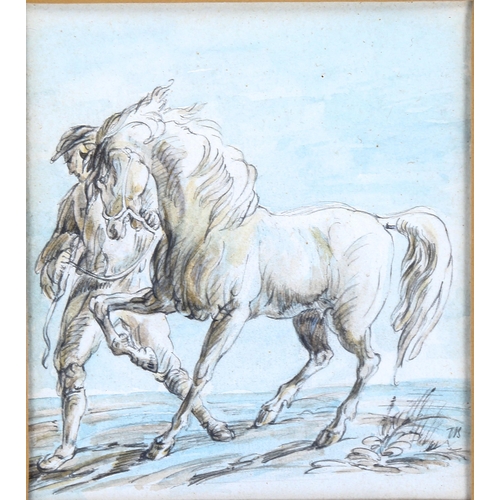 2147 - 19th century pencil and watercolour, farmer and horse, unsigned, 14cm x 12cm, framed