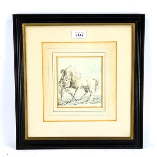 2147 - 19th century pencil and watercolour, farmer and horse, unsigned, 14cm x 12cm, framed