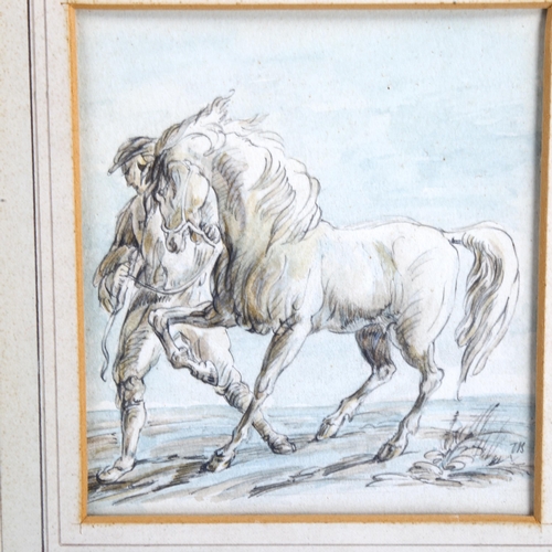 2147 - 19th century pencil and watercolour, farmer and horse, unsigned, 14cm x 12cm, framed