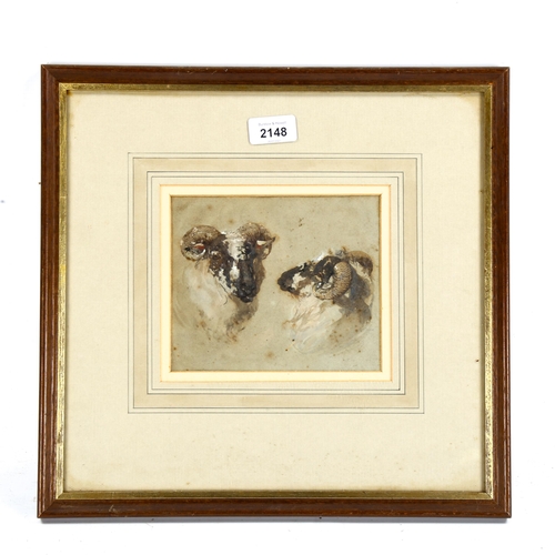 2148 - Early 19th century watercolour sketch, study of ram's heads, unsigned, 14cm x 17cm, framed