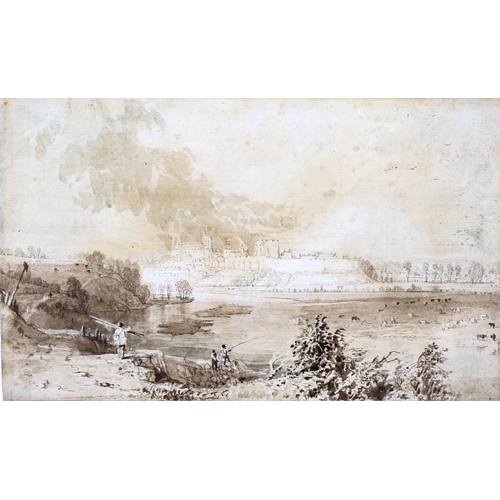 2157 - Thomas Allom, sepia watercolour, on the Danube, unsigned, 12cm x 19cm, framed