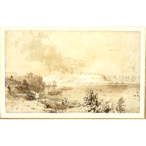 2157 - Thomas Allom, sepia watercolour, on the Danube, unsigned, 12cm x 19cm, framed