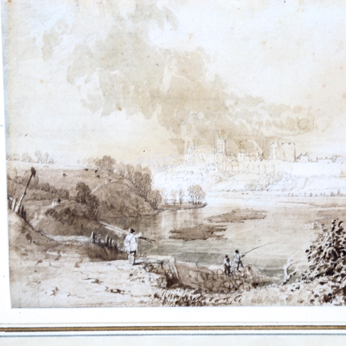 2157 - Thomas Allom, sepia watercolour, on the Danube, unsigned, 12cm x 19cm, framed