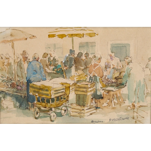 2158 - Roland Batchelor (1889 - 1990), watercolour, street market, signed, 14cm x 21cm, framed