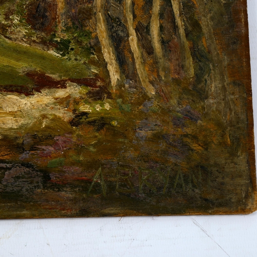 2239 - A Bryant, oil on board, impressionist tree study, early 20th century, 30cm x 40cm