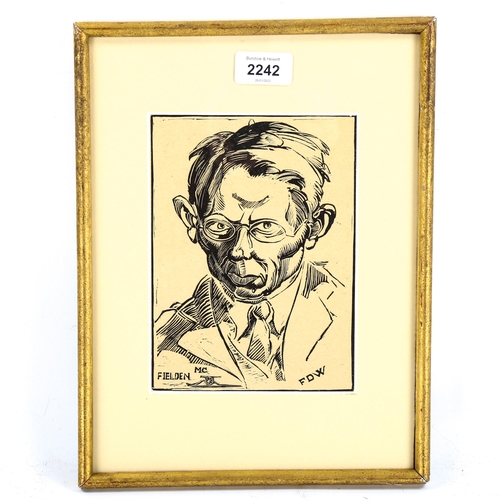 2242 - Francis Derwent Wood, wood engraving, portrait of M C Fielden, 19cm x 14cm, framed