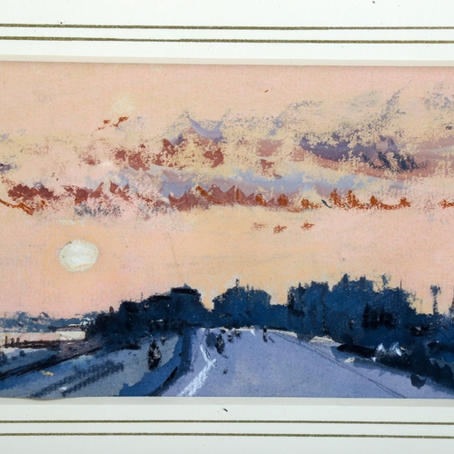 2244 - 20th century coloured pastels, city skyline, indistinctly signed, 10cm x 20cm, framed