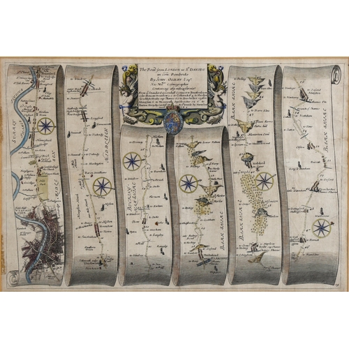 2245 - John Ogilby, 18th century hand coloured map engraving, the road from London to St David's 1722, 30cm... 