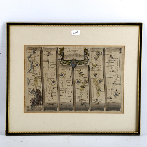 2245 - John Ogilby, 18th century hand coloured map engraving, the road from London to St David's 1722, 30cm... 