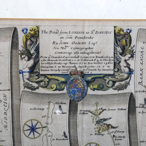 2245 - John Ogilby, 18th century hand coloured map engraving, the road from London to St David's 1722, 30cm... 