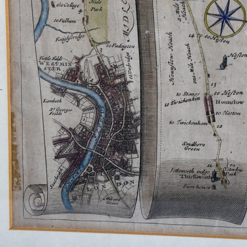 2245 - John Ogilby, 18th century hand coloured map engraving, the road from London to St David's 1722, 30cm... 