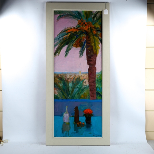 2247 - Cathy Layzell, oil on canvas, window view South of France, signed, 115cm x 44cm, framed