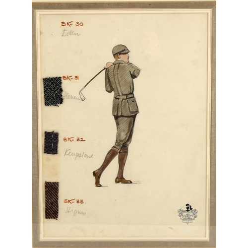 2248 - GOLFING INTEREST - watercolour, fashion design, outfit for a golfer, with fabric samples, by B J Sim... 