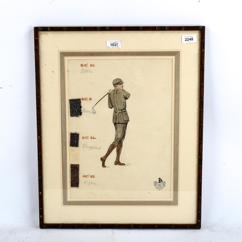 2248 - GOLFING INTEREST - watercolour, fashion design, outfit for a golfer, with fabric samples, by B J Sim... 