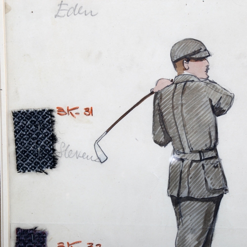 2248 - GOLFING INTEREST - watercolour, fashion design, outfit for a golfer, with fabric samples, by B J Sim... 