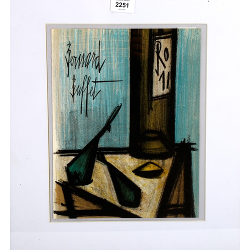 2251 - Bernard Buffet, lithograph, still life with bottle 1968, 31cm x 24cm, framed