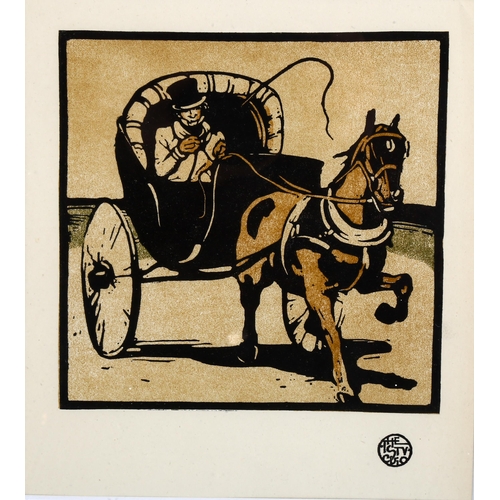 2257 - William Nicholson, woodcut print, Cabriolet, circa 1900, for The Studio, image 15cm x 15cm, framed