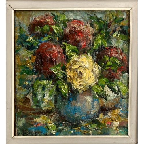 2265 - Mid-20th century French School, oil on canvas, bowl of roses, indistinctly signed, 35cm x 32cm, fram... 