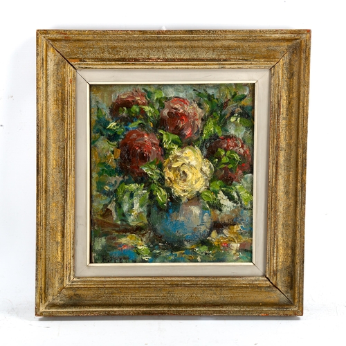 2265 - Mid-20th century French School, oil on canvas, bowl of roses, indistinctly signed, 35cm x 32cm, fram... 