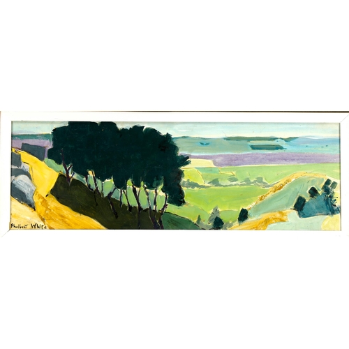 2266 - Ethelbert White, oil on board, panoramic landscape, signed, 20cm x 60cm, framed