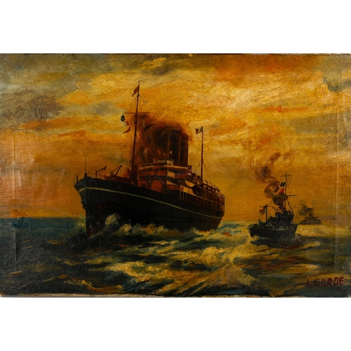 2267 - L Garde, early 20th century oil on canvas, First War Period convoy with HMS Otranto, signed, 38cm x ... 