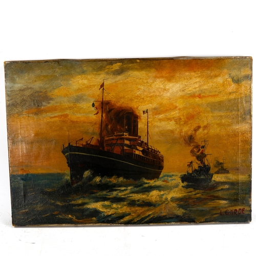 2267 - L Garde, early 20th century oil on canvas, First War Period convoy with HMS Otranto, signed, 38cm x ... 