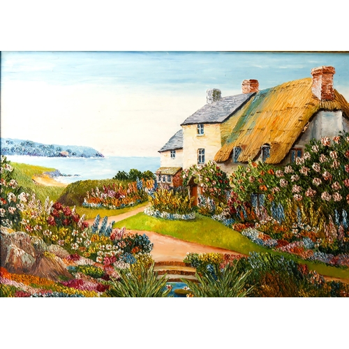 2270 - Mid-20th century British School, oil on board, cottage gardens, unsigned, 42cm x 60cm, framed