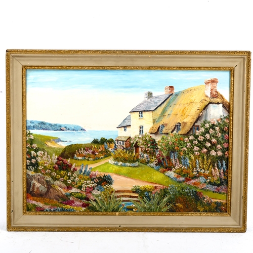 2270 - Mid-20th century British School, oil on board, cottage gardens, unsigned, 42cm x 60cm, framed